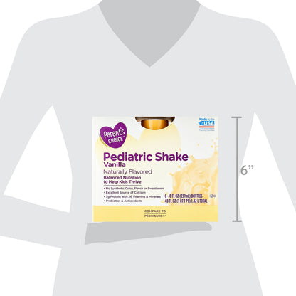 Box of pediatric nutritional shakes, vanilla flavored, with nutritional information and size indicated