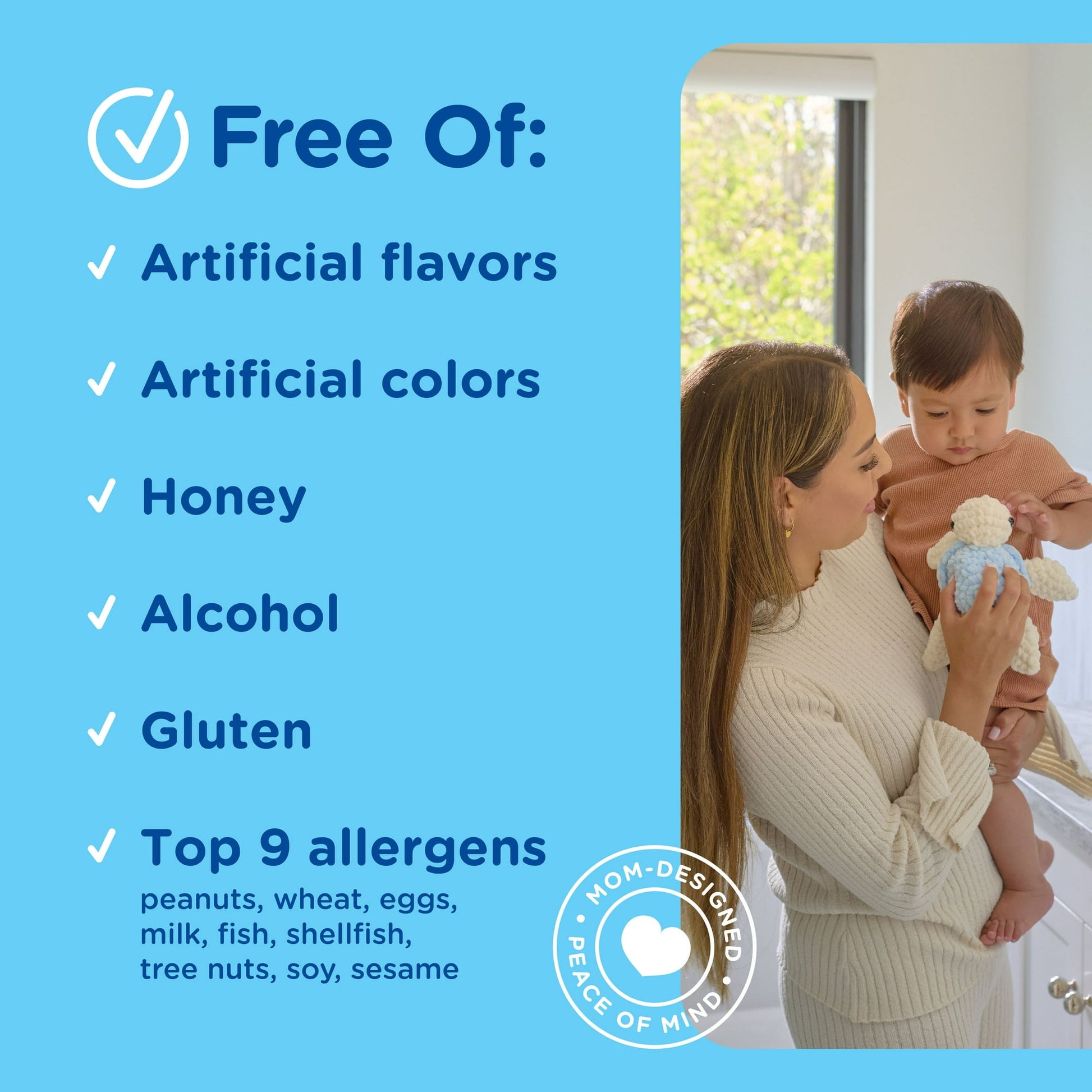 Image displaying a woman holding a baby with text containing details about a gentle relief product