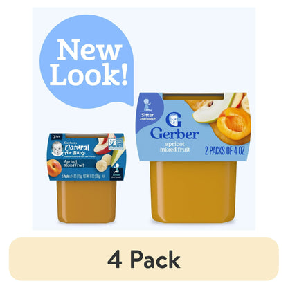 4 containers of baby food with a 'New Look!' label and '4 Pack' text on a white background.