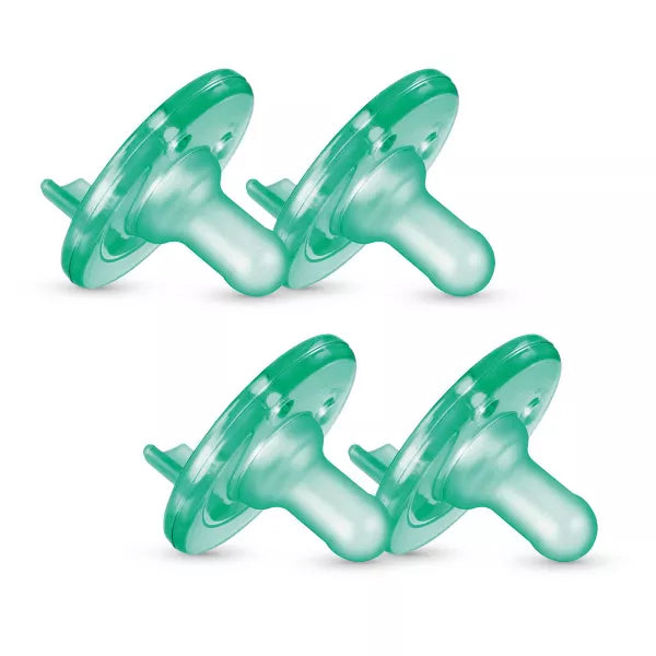 4 green pacifiers on a white background