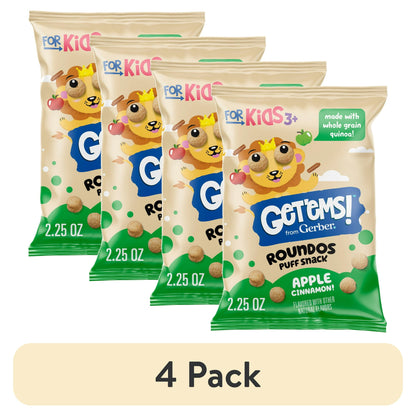 4 pack Apple cinnamon puffed snacks for kids, 2.25 oz bag – light and crunchy round snacks made with wholesome ingredients.