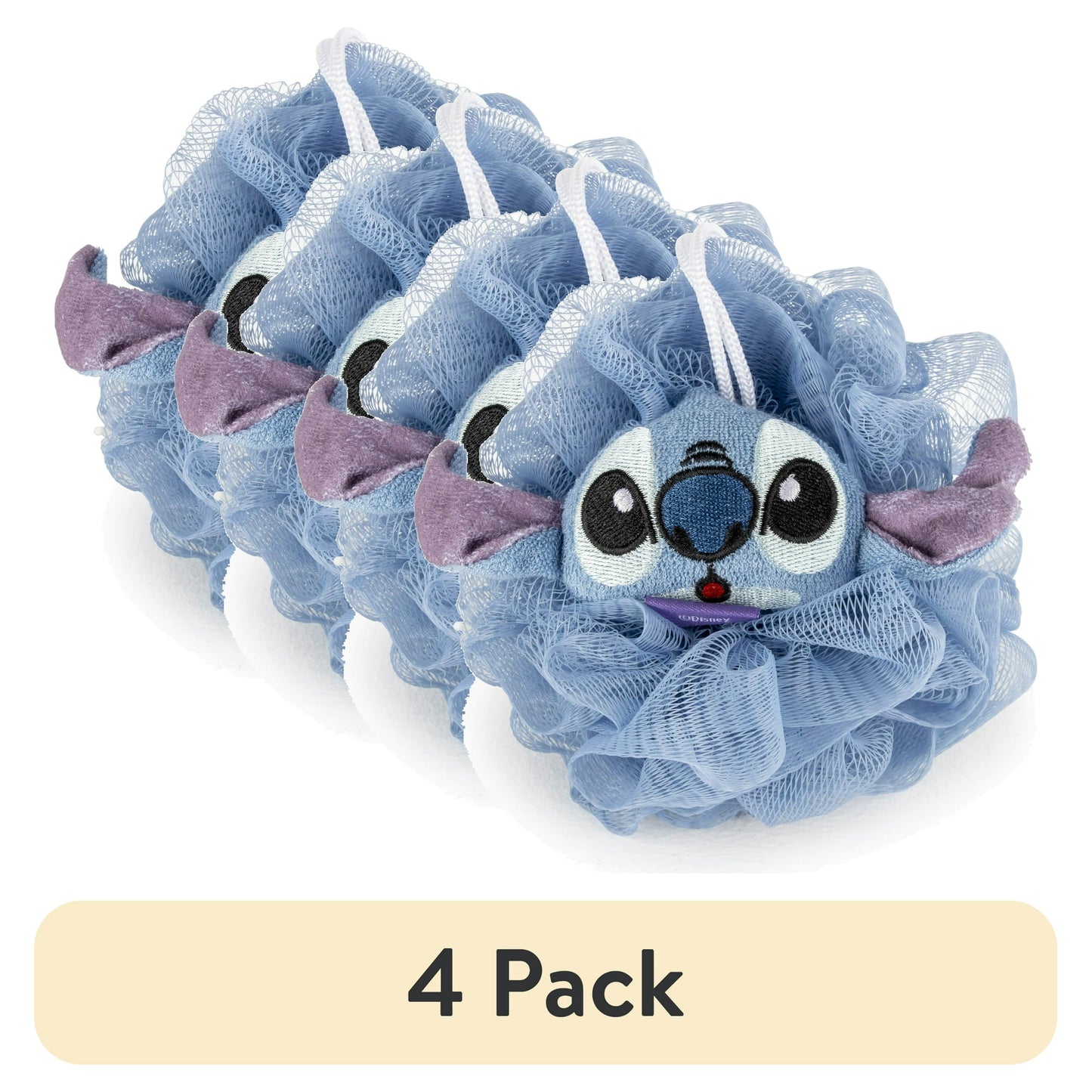 4 pack Blue bath pouf with cartoon character face on a white background