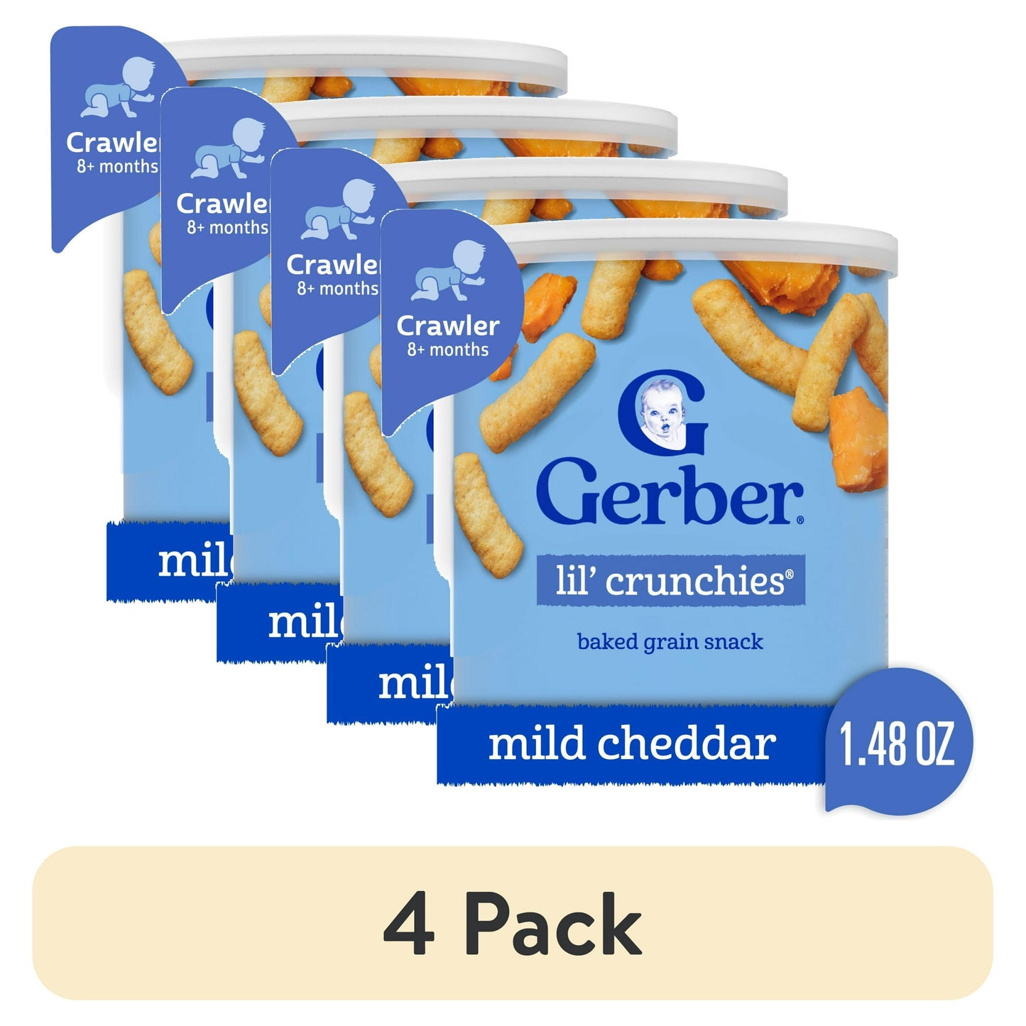 4 pack Cheddar baked corn snacks for babies and toddlers, 1.48 oz canister – healthy finger food, clean label certified.