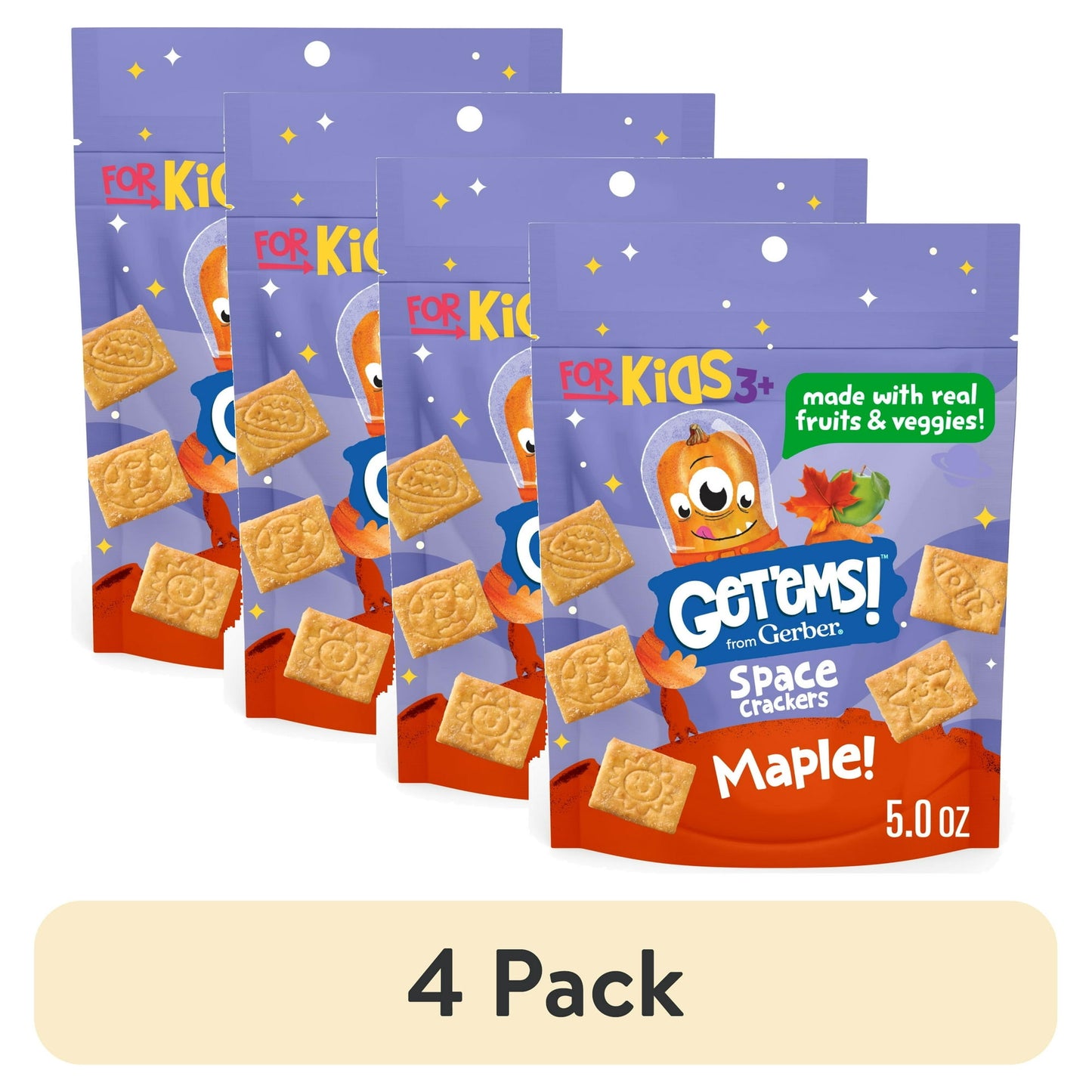4 pack Maple-flavored space-shaped crackers for kids, 5 oz bag – fun and crunchy snack made with wholesome ingredients.