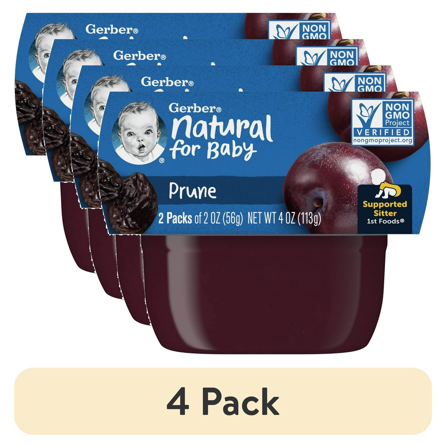 4 pack Natural for Baby prune puree packaging with a blue label and baby image.