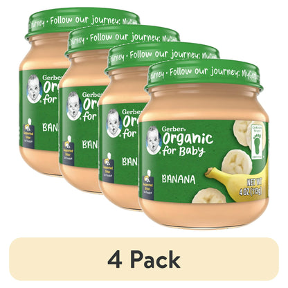 4 pack Organic banana puree baby food, 4 oz jar – smooth stage 1 fruit puree for infants starting solids.
