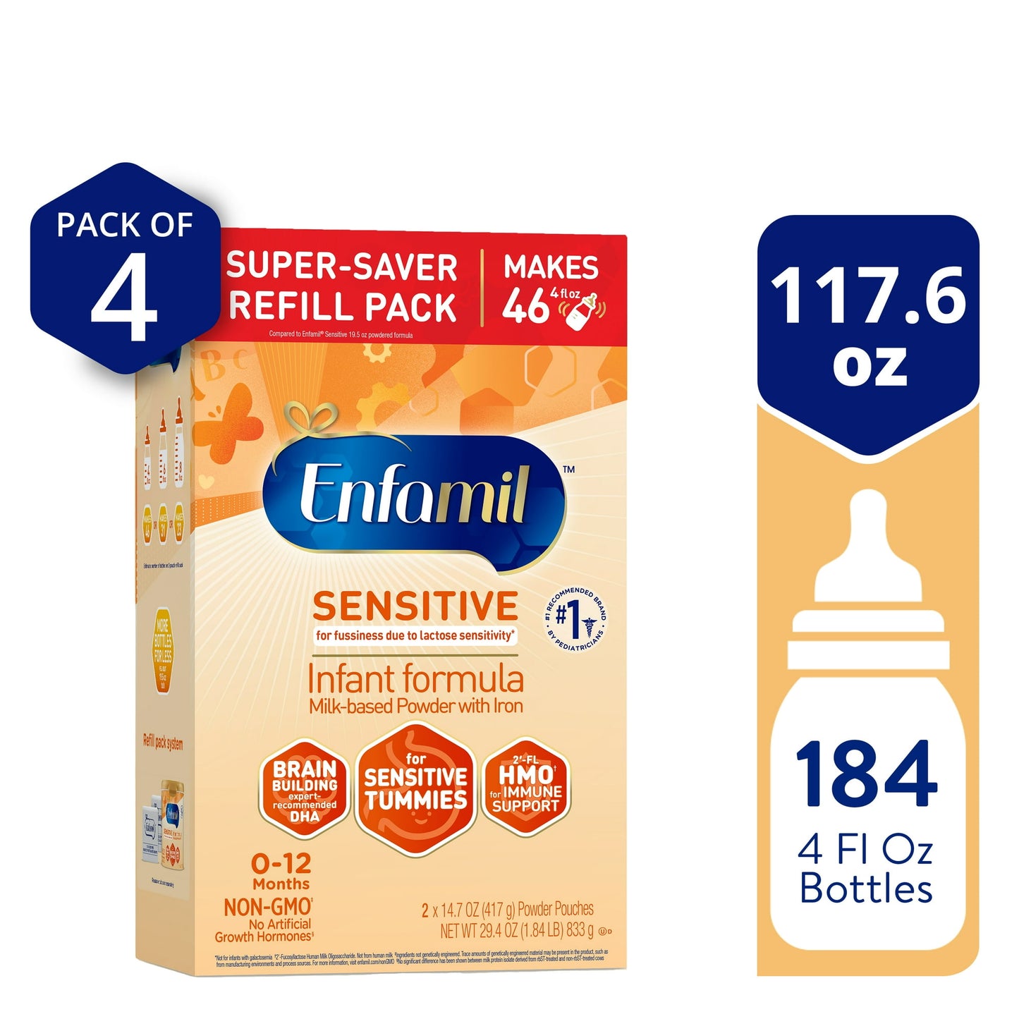 4 pack Sensitive infant formula packaging with details on size and quantity.