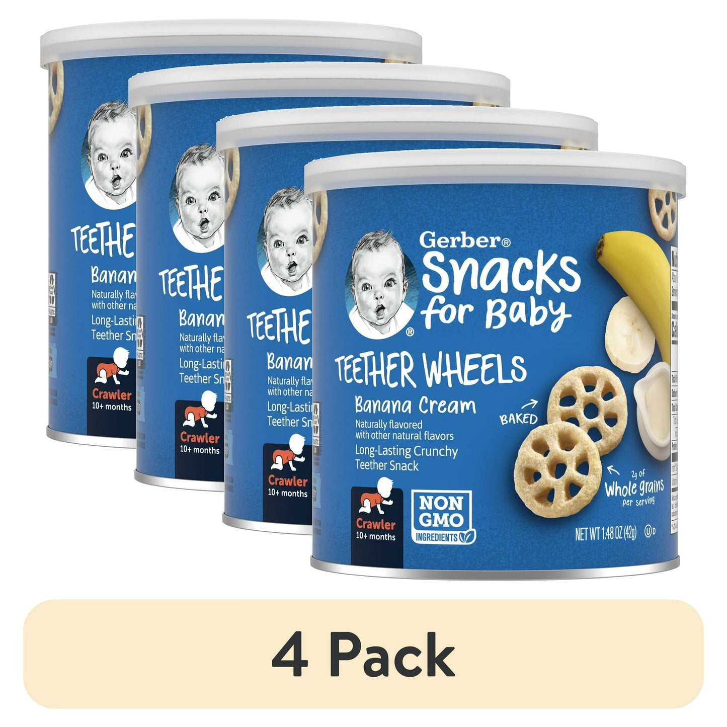4 pack Snacks for Baby Teether Wheels Banana Cream container with blue label and baby image.