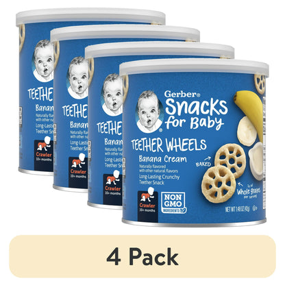 4 pack Snacks for Baby Teether Wheels Banana Cream container with blue label and baby image.