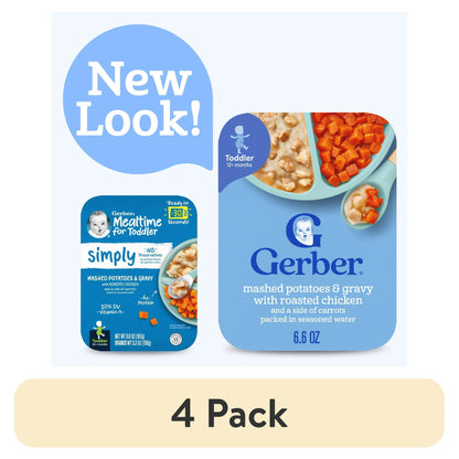 4 pack baby food packages with 'New Look!' label on a white background