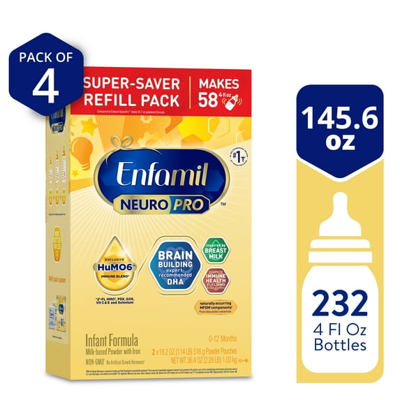  4 pack infant formula packaging with details on quantity and size.