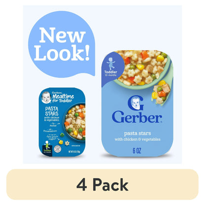 4 pack pasta stars with chicken and vegetables packaging showing 'New Look!' text
