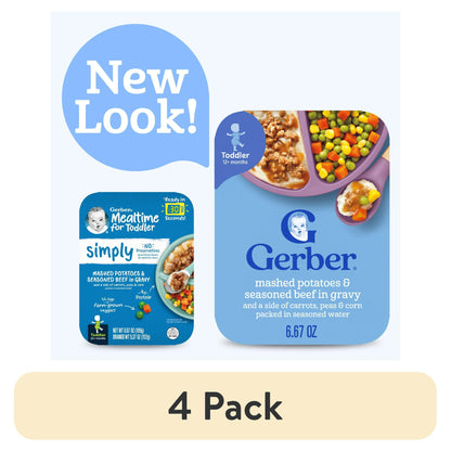 4 pack toddler food packages with 'New Look!' label and 4-pack indication.