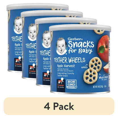 4 packs Can of Snacks for Baby Teether Wheels with blue label and apple illustration