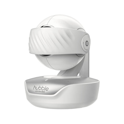 A white smart baby monitor with a camera unit and base is present in the image