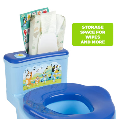A blue children's potty training toilet with cartoon dog characters and a storage compartment for wipes
