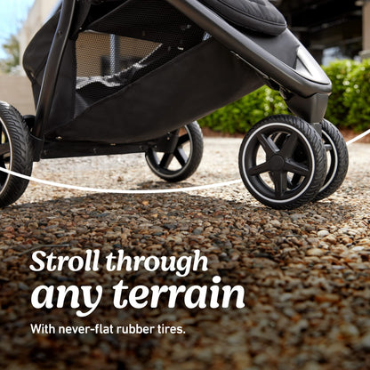 Image displaying a baby stroller with text about it's details