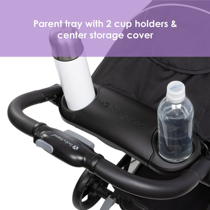 Image displaying a baby stroller with text about it's details