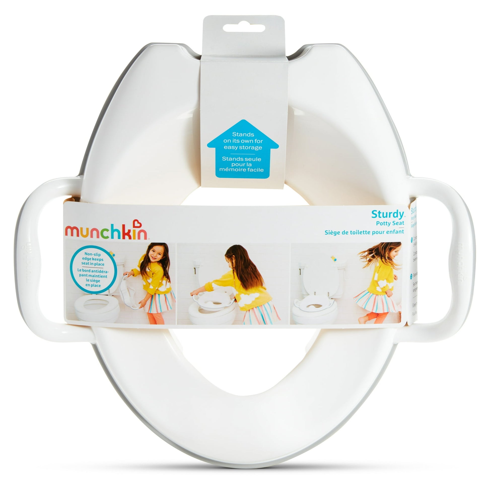 A white child's toilet training seat with handles, shown packaged