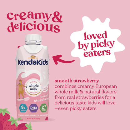 A carton of strawberry flavoured nutritional drink and text describing its features, with strawberries at the bottom