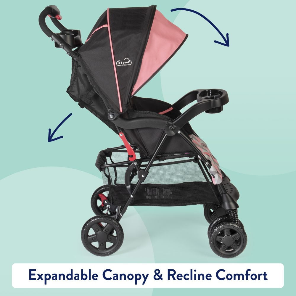 Image displaying a baby stroller with text about it's details