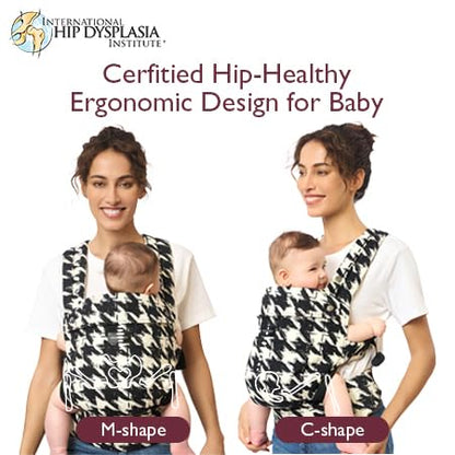 Image displaying a baby in a baby carrier and text about it's deetalis 