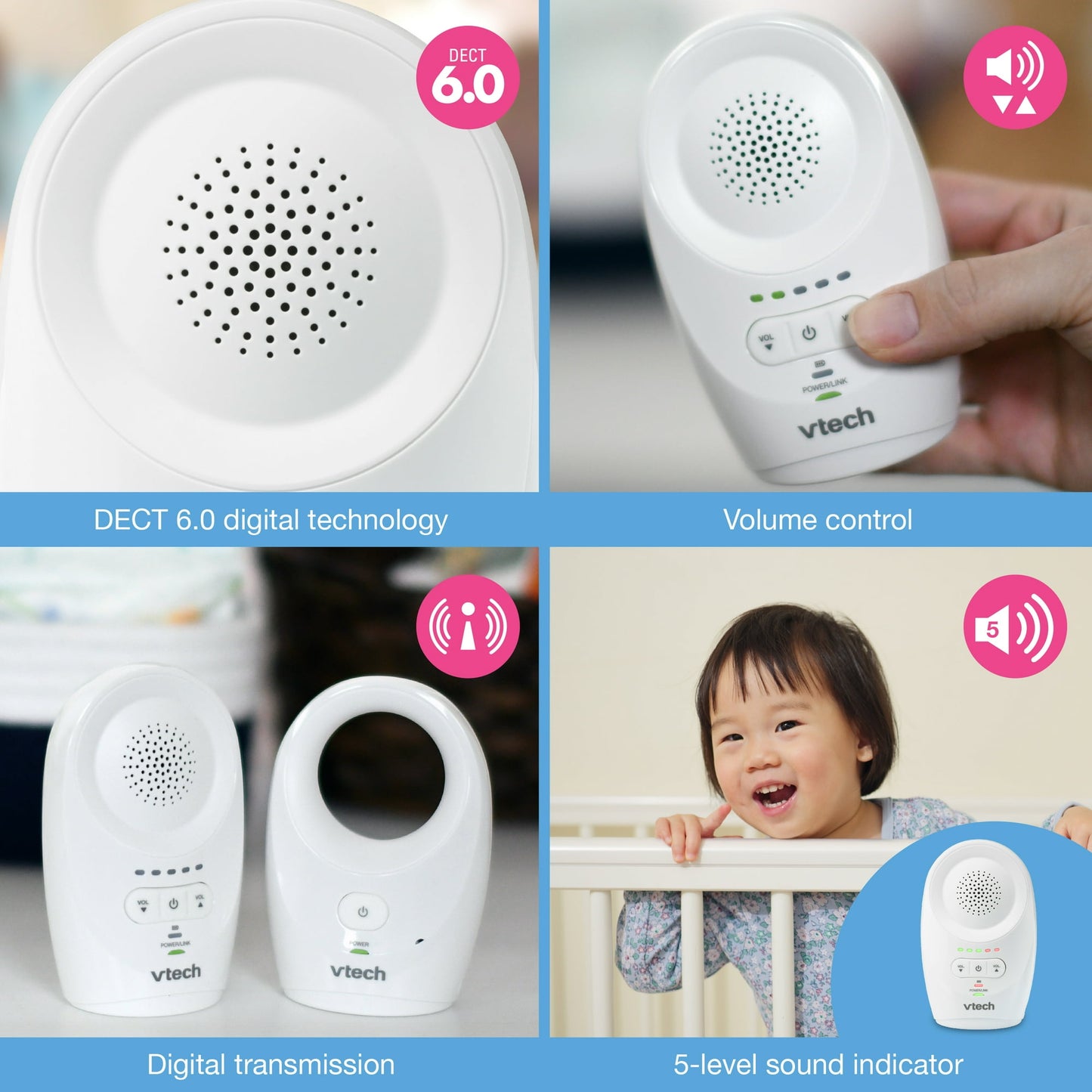 Digital audio baby monitor units and a baby in a crib, illustrating the product and its use