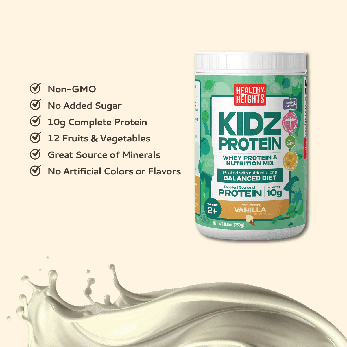 A protein shake mix powder for kids canister next to a white liquid splash with descriptive text