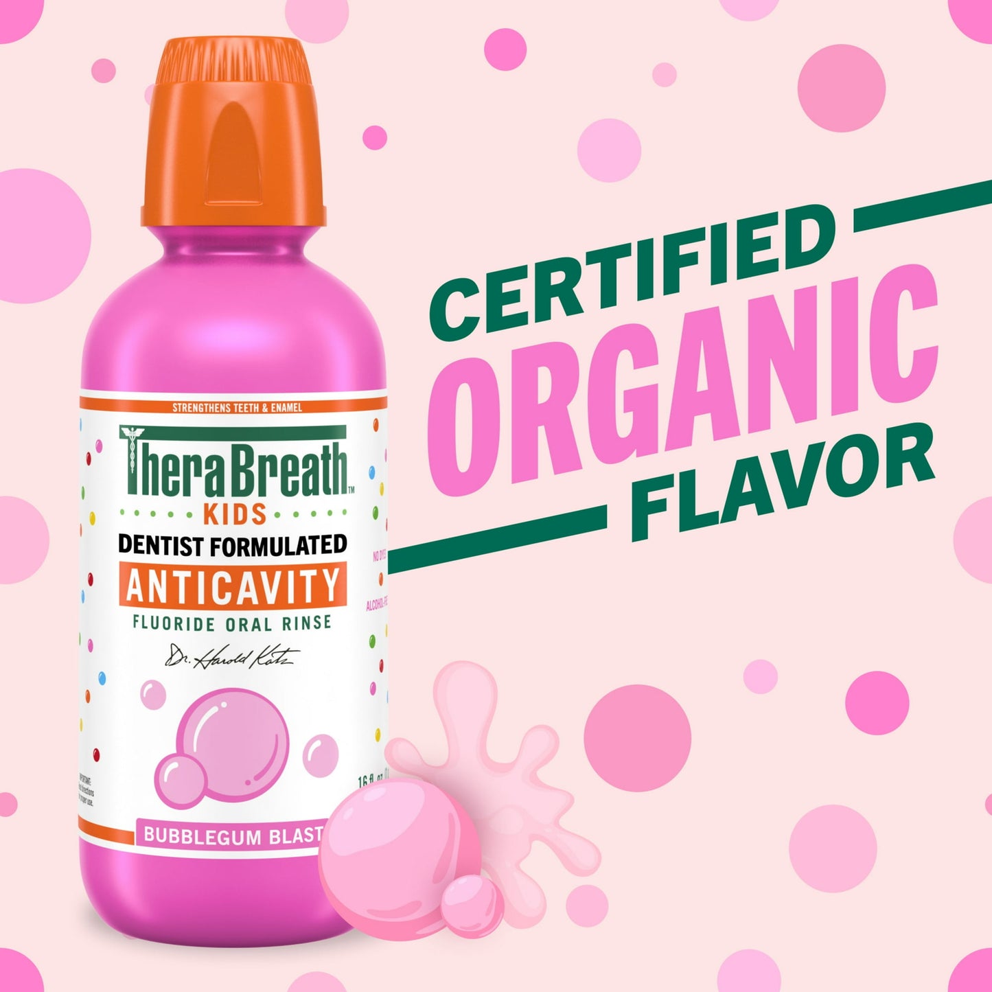 TheraBreath Kids Anticavity Fluoride Oral Rinse, Strengthens Teeth  Enamel, Alcohol Free Dye Free, Certified Organic Bubblegum Blast Flavor, 10 fl oz