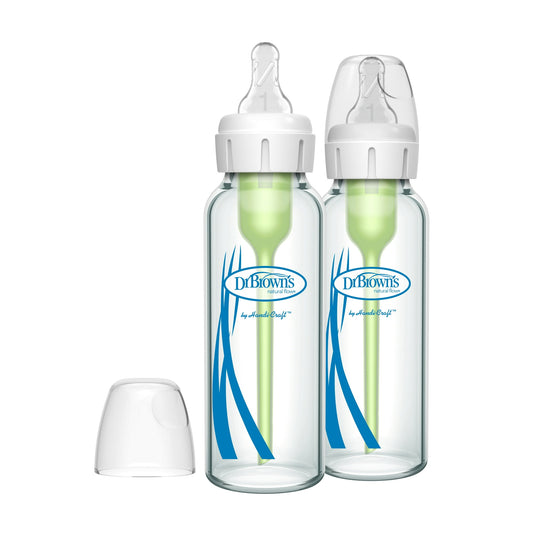 Dr. Brown's Anti-Colic Options+ Narrow Glass Baby Bottle, 8 oz/250 mL, with Level 1 Slow Flow Nipple, BPA Free, 0m+, 2 Pack