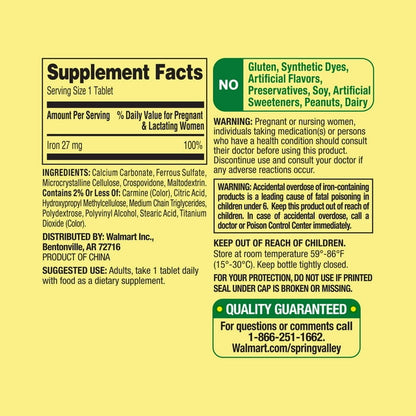 Spring Valley Iron Prenatal Health Dietary Supplement Tablets, 27 mg, 250 Count