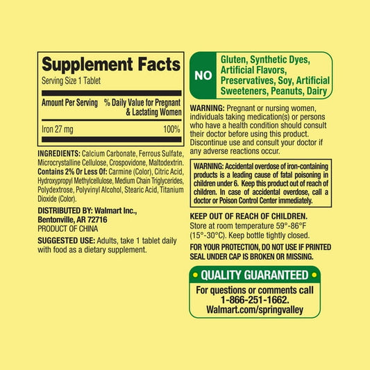 Spring Valley Iron Prenatal Health Dietary Supplement Tablets, 27 mg, 250 Count