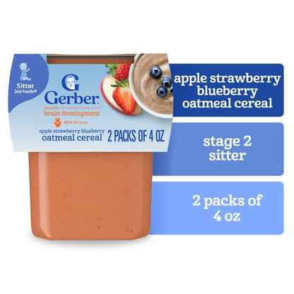 Gerber Stage 2 Baby Food, Apple Strawberry Blueberry Oatmeal Cereal Tub, Baby Cereal, 2PK 8 oz (8 pack)