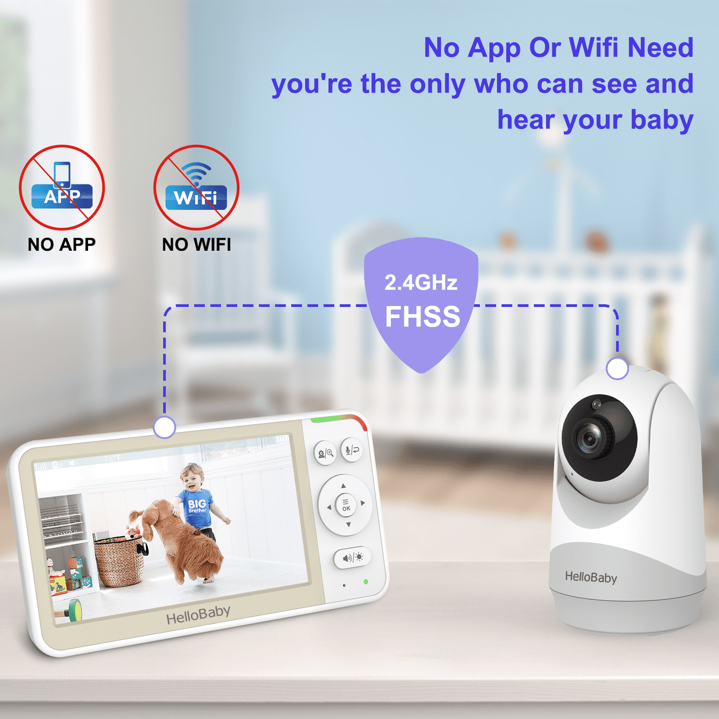 A baby monitor system with a display unit and a camera unit, showing a child and dog on screen