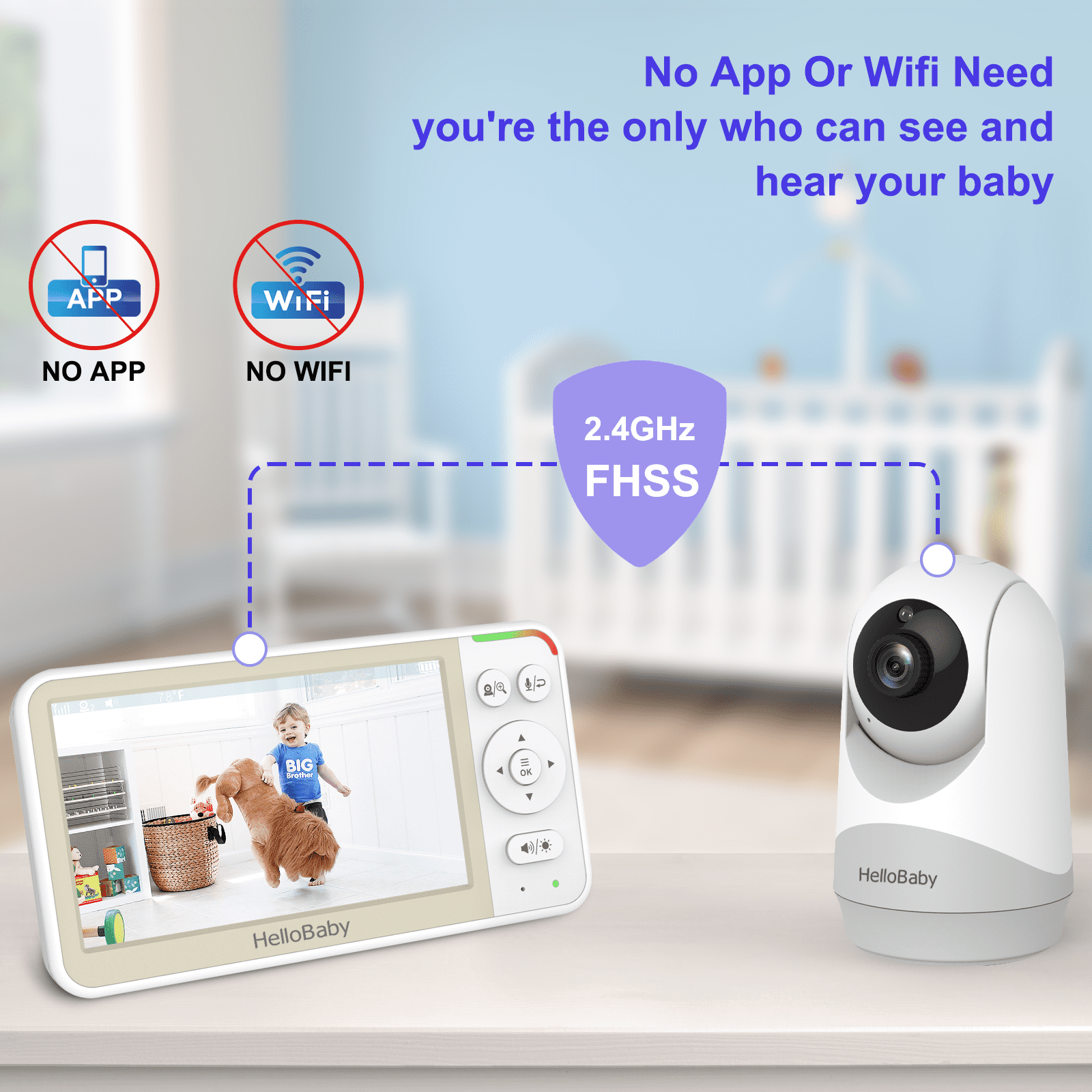 A baby monitor system with a display unit and a camera unit, showing a child and dog on screen