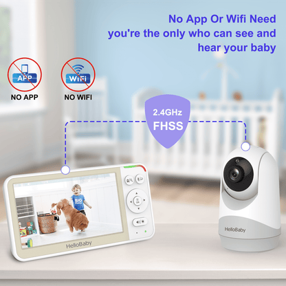 A baby monitor system with a display unit and a camera unit, showing a child and dog on screen