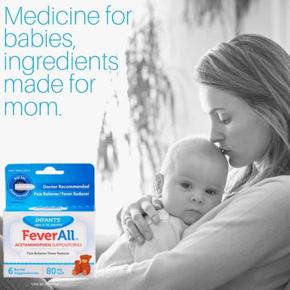 Image showing a woman holding a baby and text and a gentle relief product made to support comfort and wellness during flu, cold, cough or fever