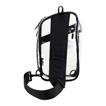 Compact transparent sling bag for carrying your phone, wallet, keys, water bottle, and personal accessories.
