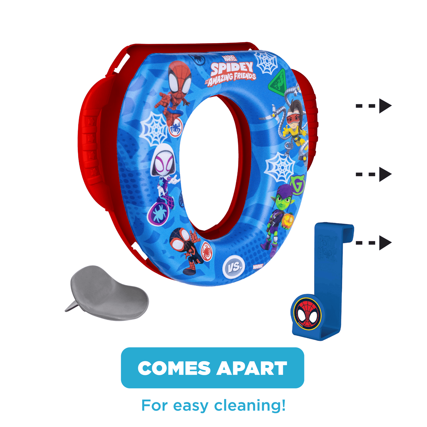 A colorful children's toilet training seat with cartoon characters, a splash guard, and a storage hook
