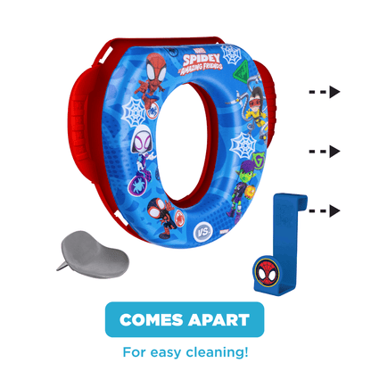 A colorful children's toilet training seat with cartoon characters, a splash guard, and a storage hook