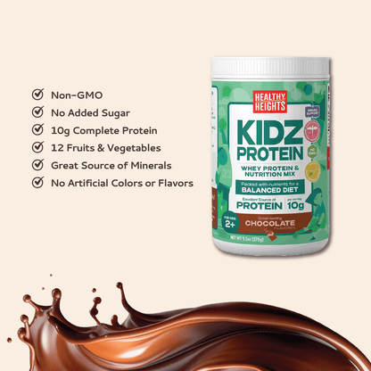 A canister of protein powder mix next to a chocolate liquid splash with nutritional claims listed