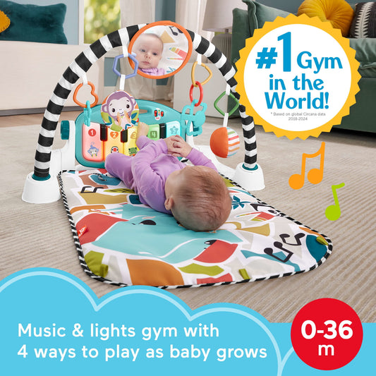 Image displaying a baby with a Baby activity play set and text about it's details