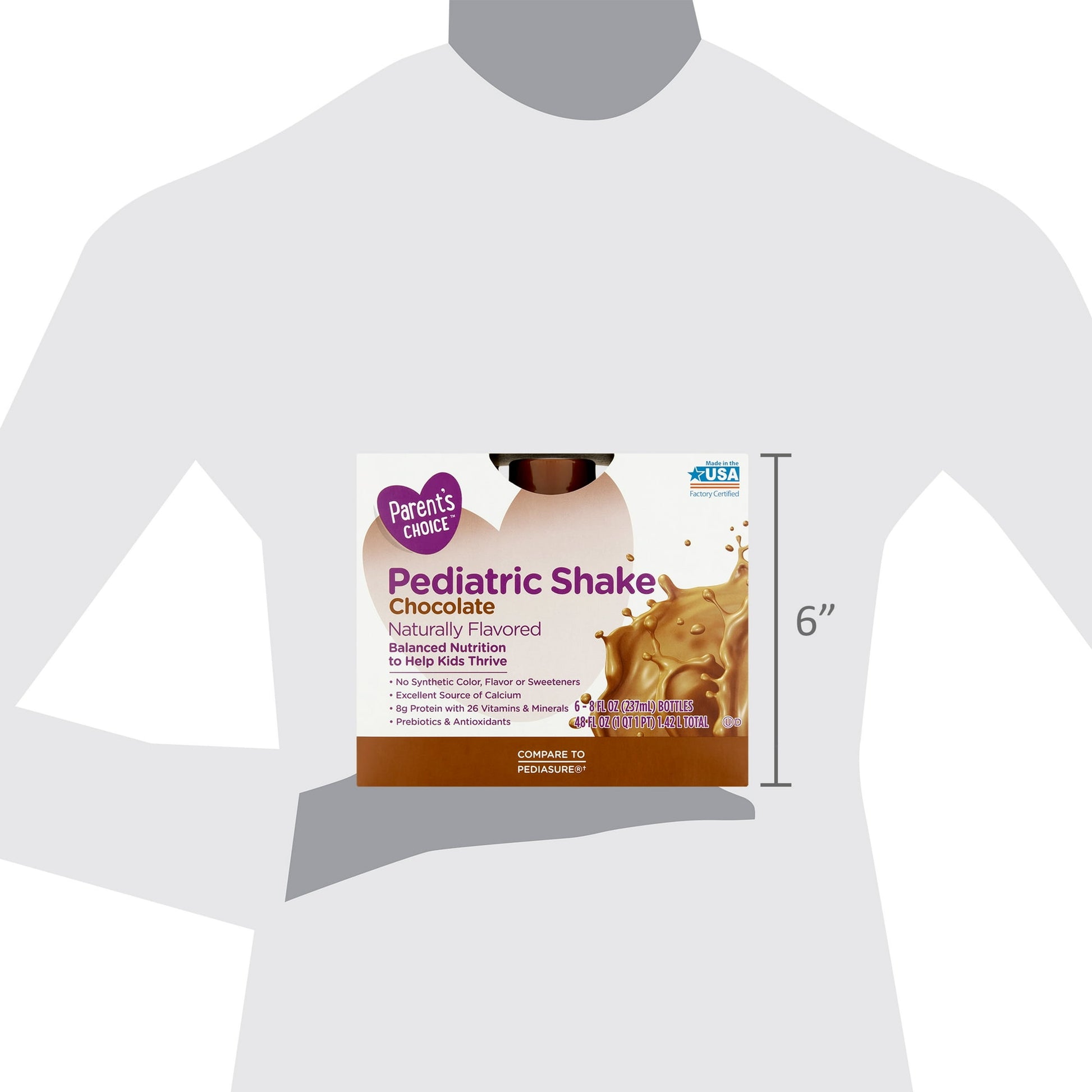 Box of children's chocolate nutrition shakes with nutritional information and size indicated