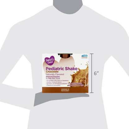 Box of children's chocolate nutrition shakes with nutritional information and size indicated