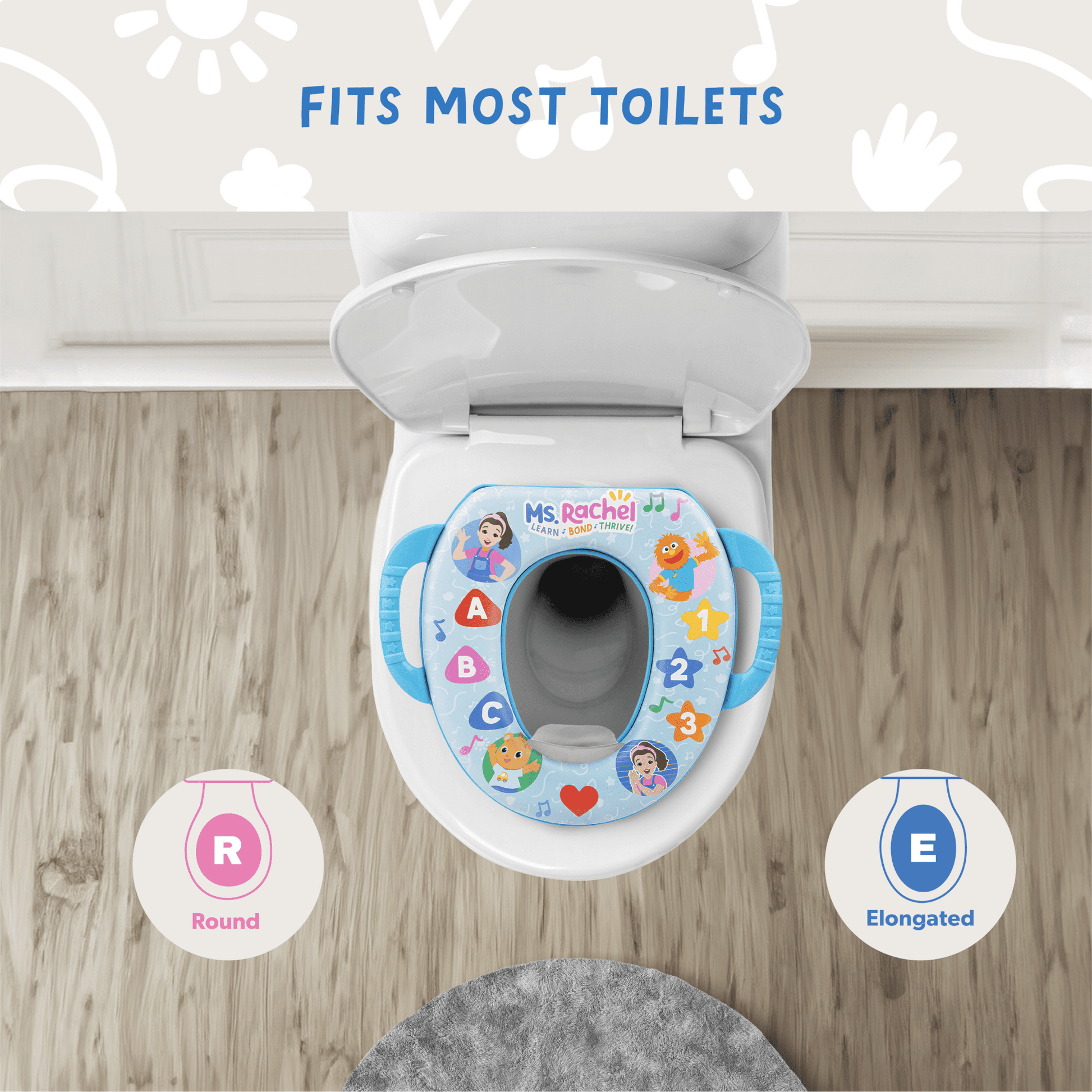 A child's soft potty training seat with handles on a toilet, fitting round or elongated shapes
