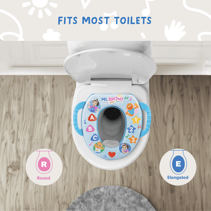 A child's soft potty training seat with handles on a toilet, fitting round or elongated shapes