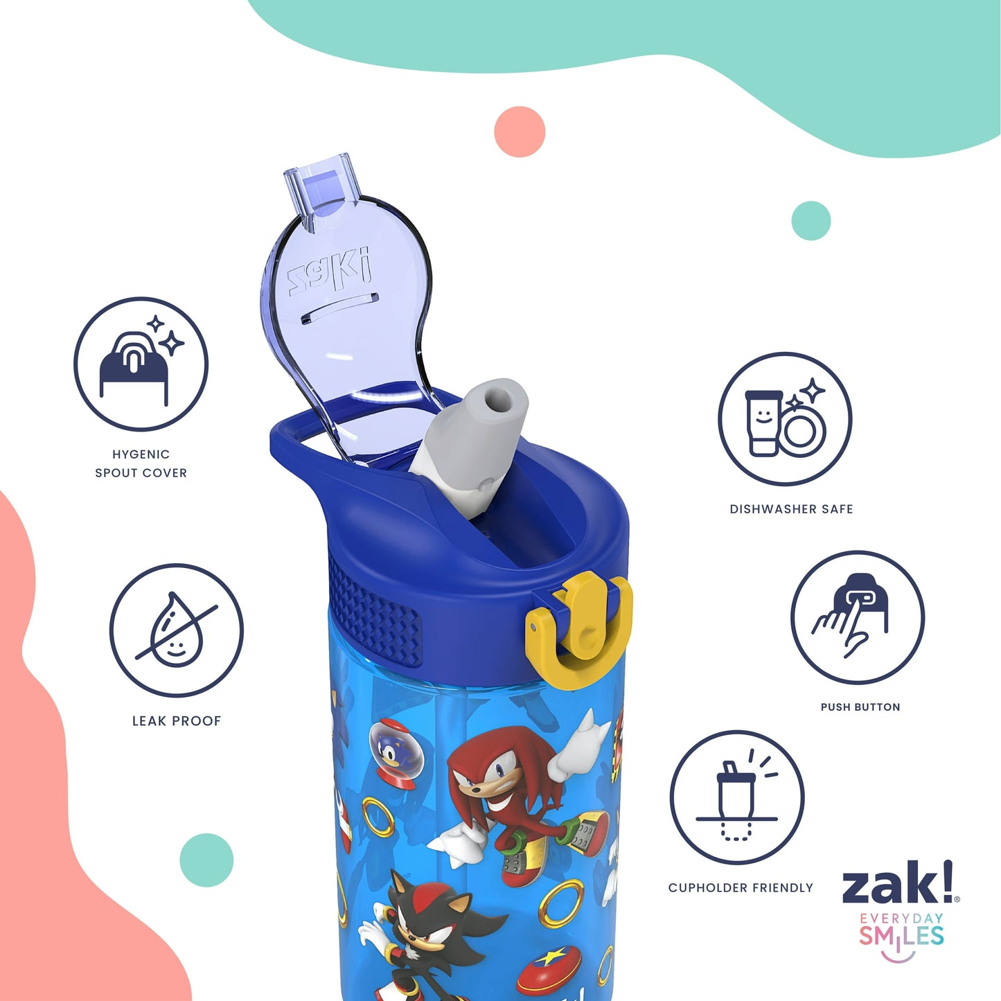 Zak Designs Kids Straw Water Bottle, Durable Plastic Park Bottle with Easy-Open Locking Spout Cover for Travel, Built in Carry Handle