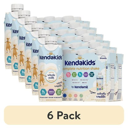 Pack of vanilla nutrition shake bottles featuring a cartoon animal illustration, with "6 Pack" Labeled 