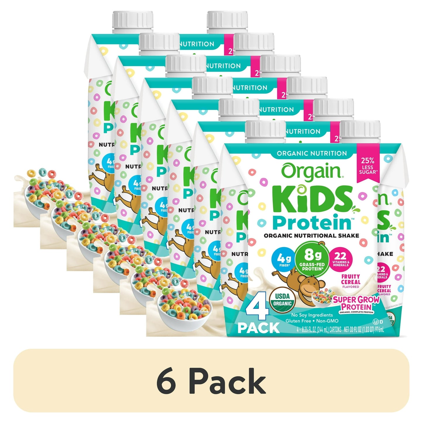Organic kids' protein shakes in fruity cereal flavor with bowls of cereal, with "6 Pack" Labeled below