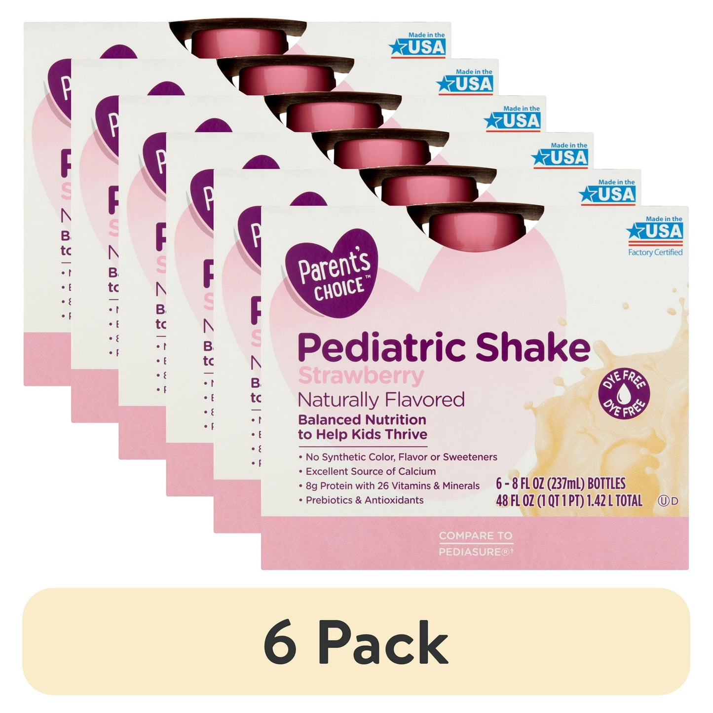 Box of children's strawberry nutrition shakes with pink label and splash design with "6 Pack" Labeled Below